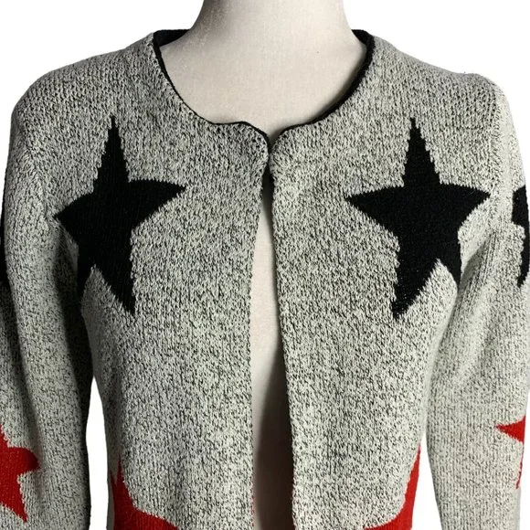Open Front Marled Knit Cardigan Sweater S Black White Stars Pockets Long Sleeves - Picture 2 of 5